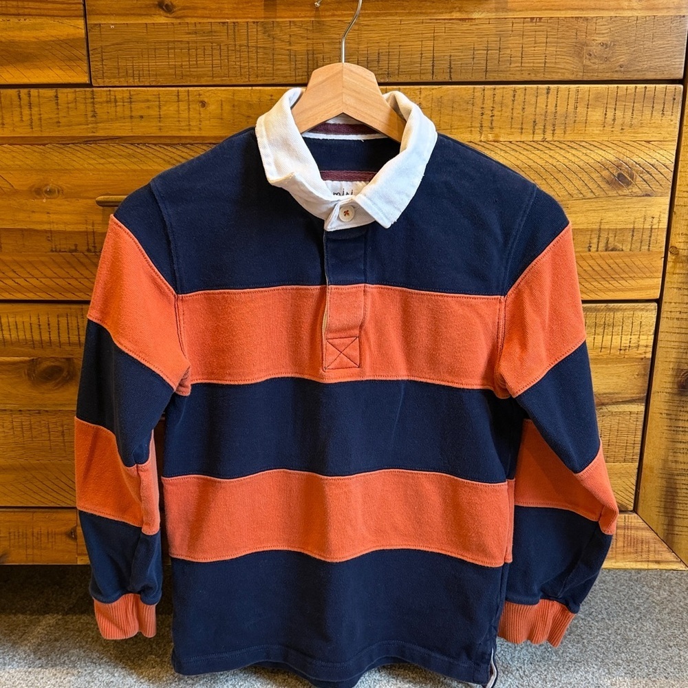 Mini Boden Navy and Orange Striped Rugby Shirt - Picture 2 of 4